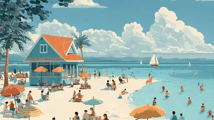 People relaxing on beach summer day scene