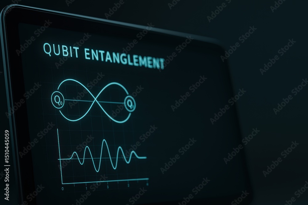 Poster qubit entanglement visualization on modern digital display with abstract graph representation