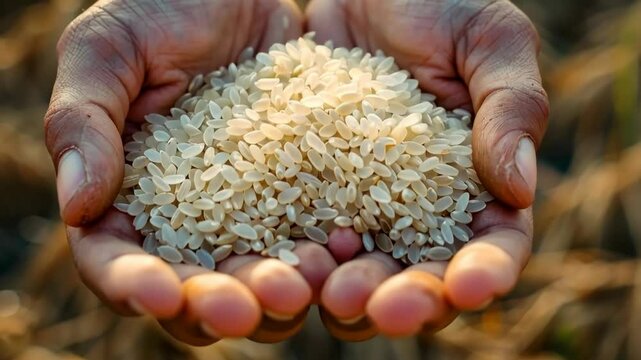 hands holding white rice grains close up, concept of rice farming, food production, food industry