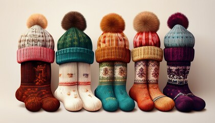 cozy knitted socks and hats on white background generative ai
