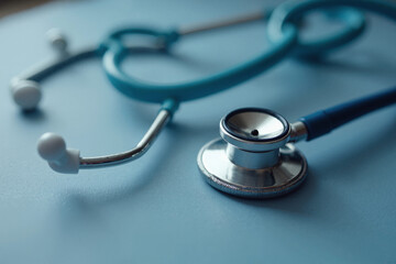 Close-up of a stethoscope on a light blue background.  The medical instrument is in focus, highlighting its metallic sheen and teal tubing.