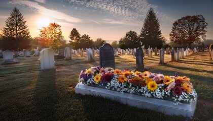 floral grave marker in serene cemetery