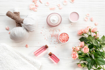 Beauty routine concept - skin care cosmetic with roses essential oil