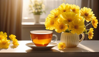 bright morning scene with a cup of tea and fresh yellow flowers on a sunlit table with soft shadows