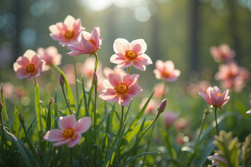 Fototapeta premium Soft pink flowers bathed in the warm glow of the setting sun. A tranquil scene of nature's beauty.