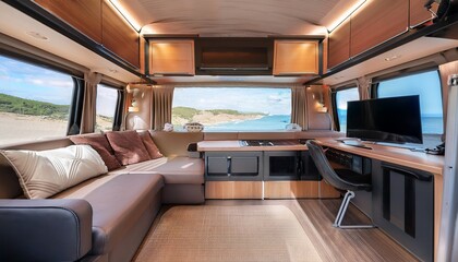 a motorhome living room with a built in sound system and a large flat screen tv
