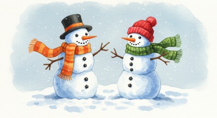 Fototapeta premium Two Snowman Illustration Winter Scene