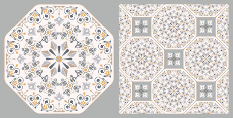 Seamless Azulejo tile. Portuguese and Spain decor. Ceramic tile with Victorian motives. Seamless Floral pattern. Vector hand drawn illustration, typical portuguese and spanish tile