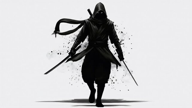 Hooded Ninja Warrior with Dual Swords in Action Silhouette Against White Background