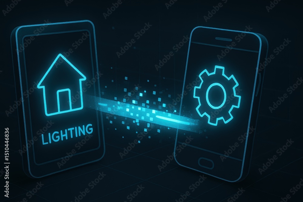 Poster digital home lighting control concept with smartphone and smart home interface in dark background