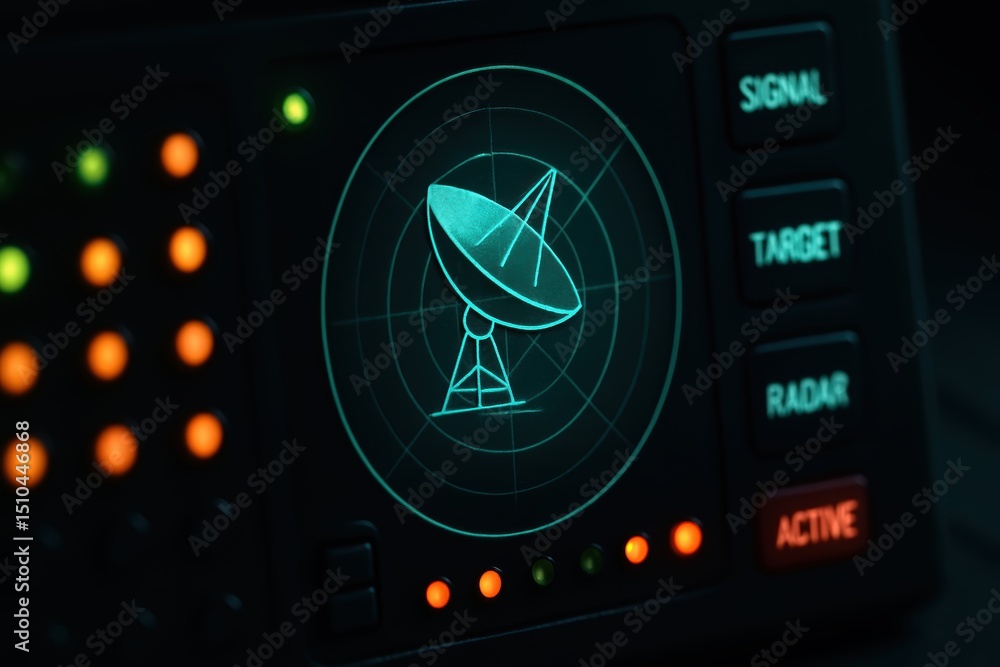 Poster satellite dish on radar screen displaying signal and target detection in high-tech control system