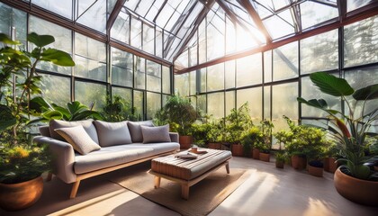 a cozy living space with a couch and a coffee table in a large glass greenhouse filled with plants and sunshine streaming in