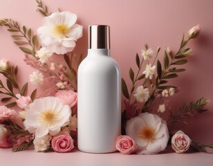 elegant white bottle mockup on pastel background with floral accents