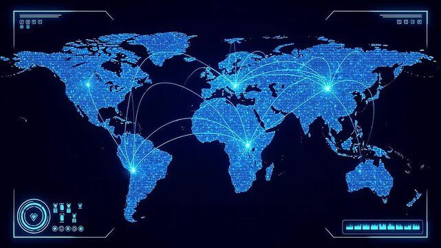 Stylized digital world map in neon blue and violet, glowing network lines animate between major cities - Powered by Adobe