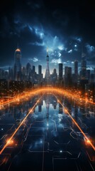 Fototapeta premium Futuristic city skyline at night reflected in a glowing technological roadway