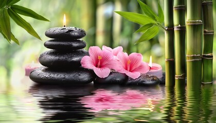 a peaceful spa scene featuring smooth black stones stacked flowing water candles and pink flowers amidst a lush green bamboo garden