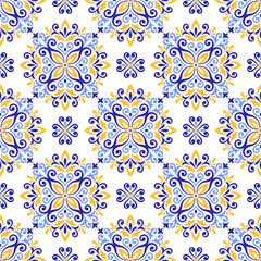 Mediterranean seamless pattern with blue yellow tiles, white background. Abstract mosaic design. Portuguese, Italian motifs. Floral ornament, print for home textile or ceramic. Vector illustration