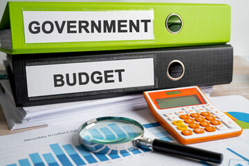 Government, BUDGET. Binder data finance report business with graph analysis in office.