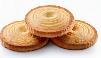 isolated short pastry cookies are stacked on white