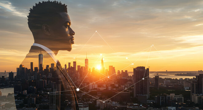 Ambitious African American businessman cityscape sunset success future goals vision leadership