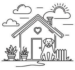 Fototapeta premium Minimalist Line Art Drawing of a Happy Dog and Home with Potted Plants Fence Sun and Clouds