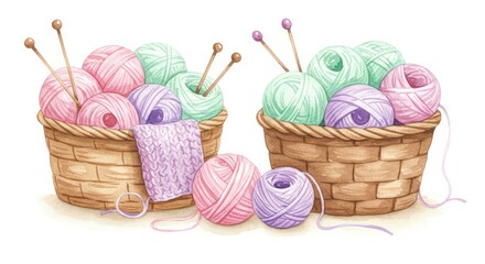 Yarn Ball in Basket with Knitting Needles