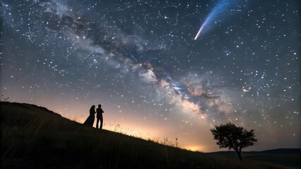 Obraz premium Couple Silhouetted Against Milky Way and Meteor Shower Night Sky Photography