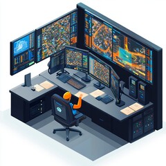Modern City Monitoring Control Room Isometric View Digital Technology map data work urban smart     