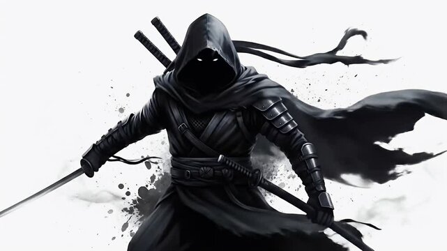 Shadowy Ninja Warrior with Dual Katanas and Hooded Cloak in Action