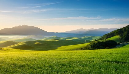 Obraz premium portrait scenery with beautiful green grass land and mountain range in the morning and copy space at the up