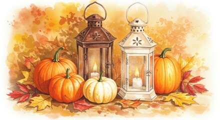 Autumn Still Life with Pumpkin, Lantern and Fall Leaf