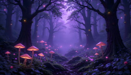 Fototapeta premium Fantasy Forest Scene with Purple Mist and Starlit Sky