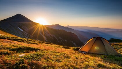 camping in mountains at sunrise