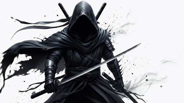 Dark Hooded Ninja Warrior with Swords and Splatter Effect on White Background