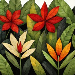 Stylized Floral Illustration with Red, Orange, and Cream Flowers