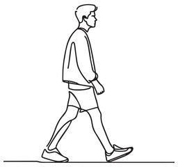 Fototapeta premium Simple Minimalist Continuous Line Art Drawing of a Man Walking in Sweatshirt and Shorts Side View Illustration Style