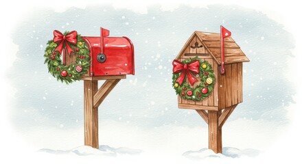 Christmas Mailboxes Decorated with Wreaths in Snow