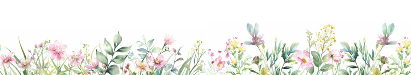 Naklejka premium green grass with spring flowers on white background