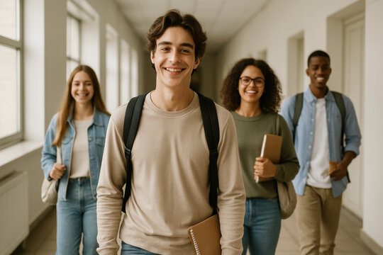Students walking down a hallway. - Powered by Adobe