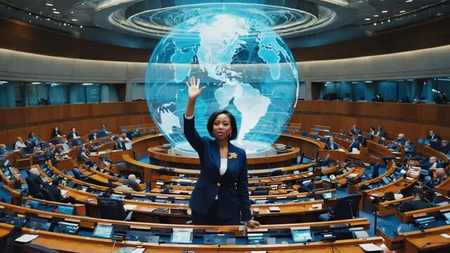 Massive UN-style global chamber, dozens international politicians, digital globe center room, African woman politician raise hand speak climate crisis, multilingual cinematic drone, global urgency 4k