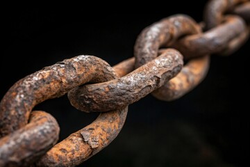 Fototapeta premium Rusted Chain Link Macro on Black Background Representing Wear and Fragility