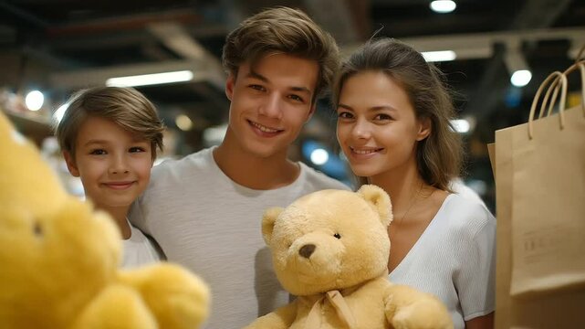 Family Selecting Toys in a Department Store with Stuffed Animals
