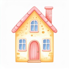 Cute Yellow Cottage Watercolor Illustration
