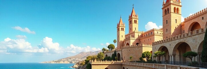 Fototapeta premium Modern Andalusian architecture, sun-drenched towers rising against a vibrant blue sky A stunning view of the intricate details and elegant design , summer, south