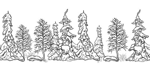 Seamless winter forest landscape border hand drawn black white outline vector with snowy firs, bare trees, and woodland silhouettes. Monochrome nature scene for Christmas prints in graphic sketch.