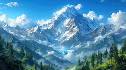 Obraz premium Snowy mountain peak above green valley with misty forest