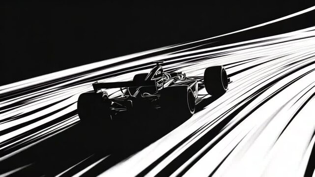 Stylized monochrome Formula 1 car racing through a bold black and white linear backdrop.


