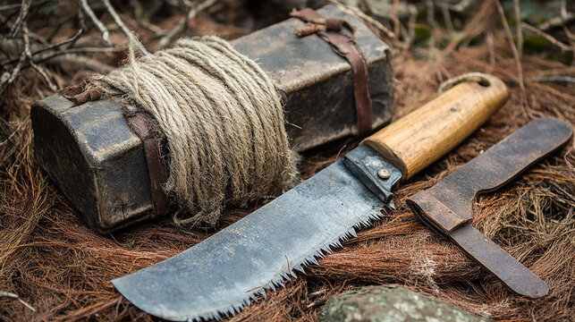 Survivalist Essentials: A weathered chest, and a sturdy machete, are meticulously arranged on a rugged outdoor surface, offering a glimpse into self-reliance and resourcefulness.  - Powered by Adobe