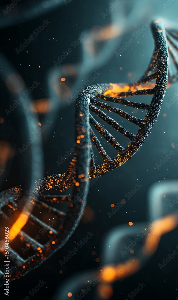 Poster intricate structure of dna illuminated with glowing particles