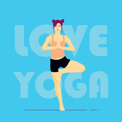 Obraz premium Tree Pose Yoga – Woman Balancing on One Leg with 'LOVE YOGA' Typography on Blue Background